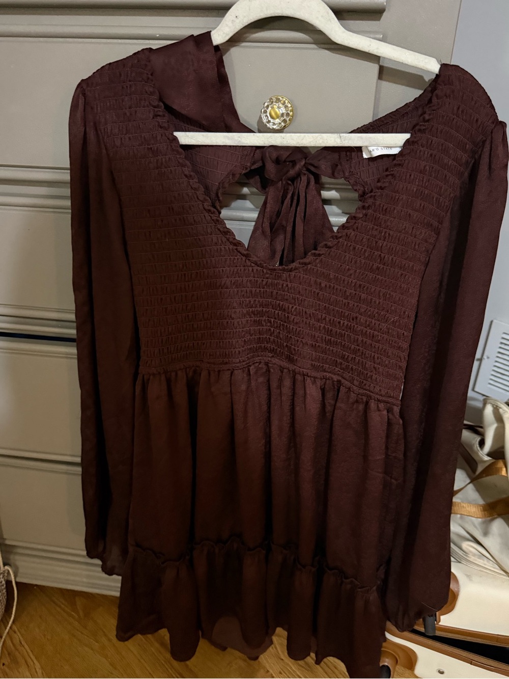 Brown Smocked V-Neck Tie-Back dress